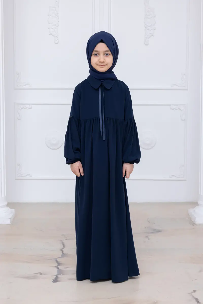 Kız Çocuk Pamuklu Tam Boy Tesettür Elbise Bebe Yaka Bağcıklı Kolu Lastikli - Lacivert - 1