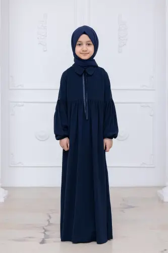 Kız Çocuk Pamuklu Tam Boy Tesettür Elbise Bebe Yaka Bağcıklı Kolu Lastikli - Lacivert - 2