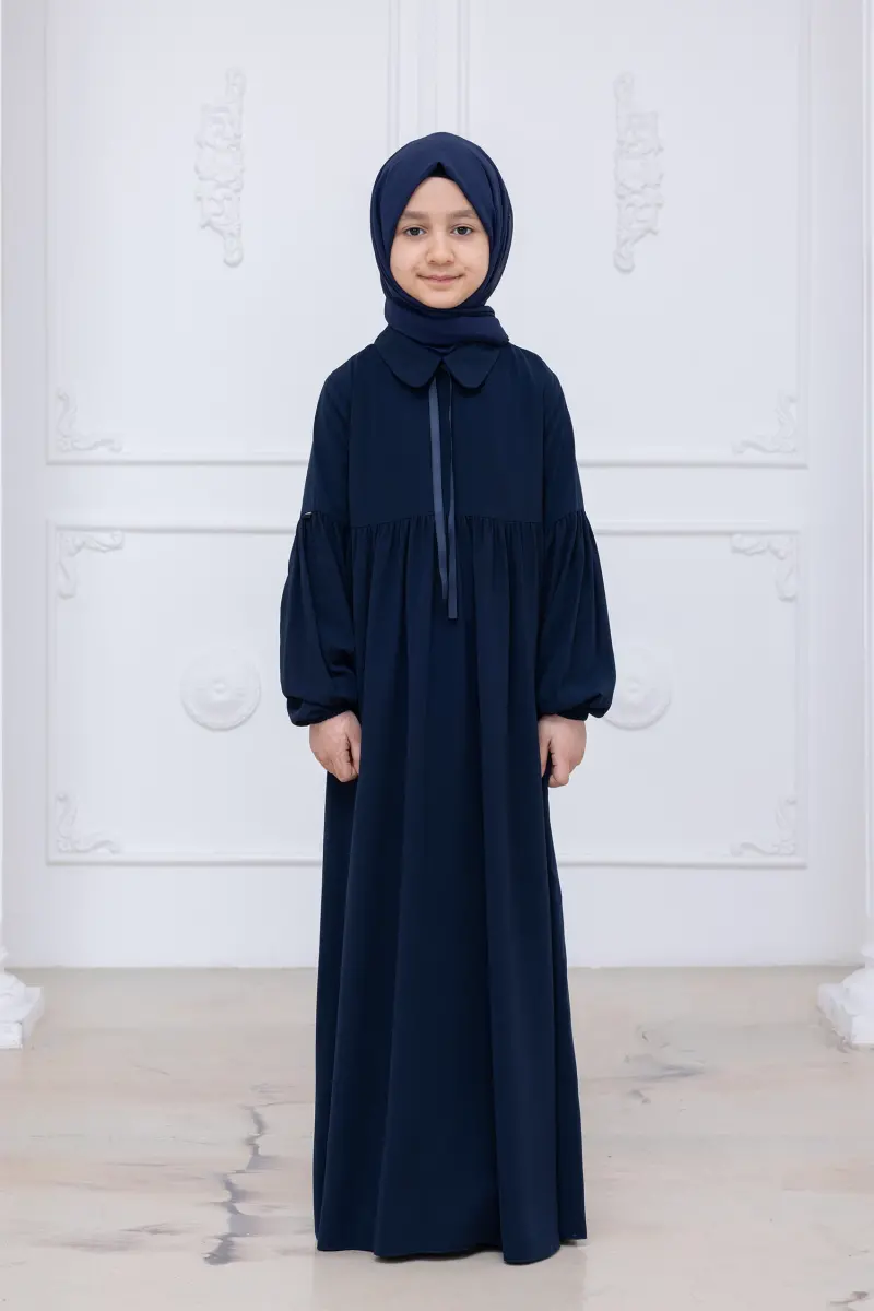Kız Çocuk Pamuklu Tam Boy Tesettür Elbise Bebe Yaka Bağcıklı Kolu Lastikli - Lacivert - 2