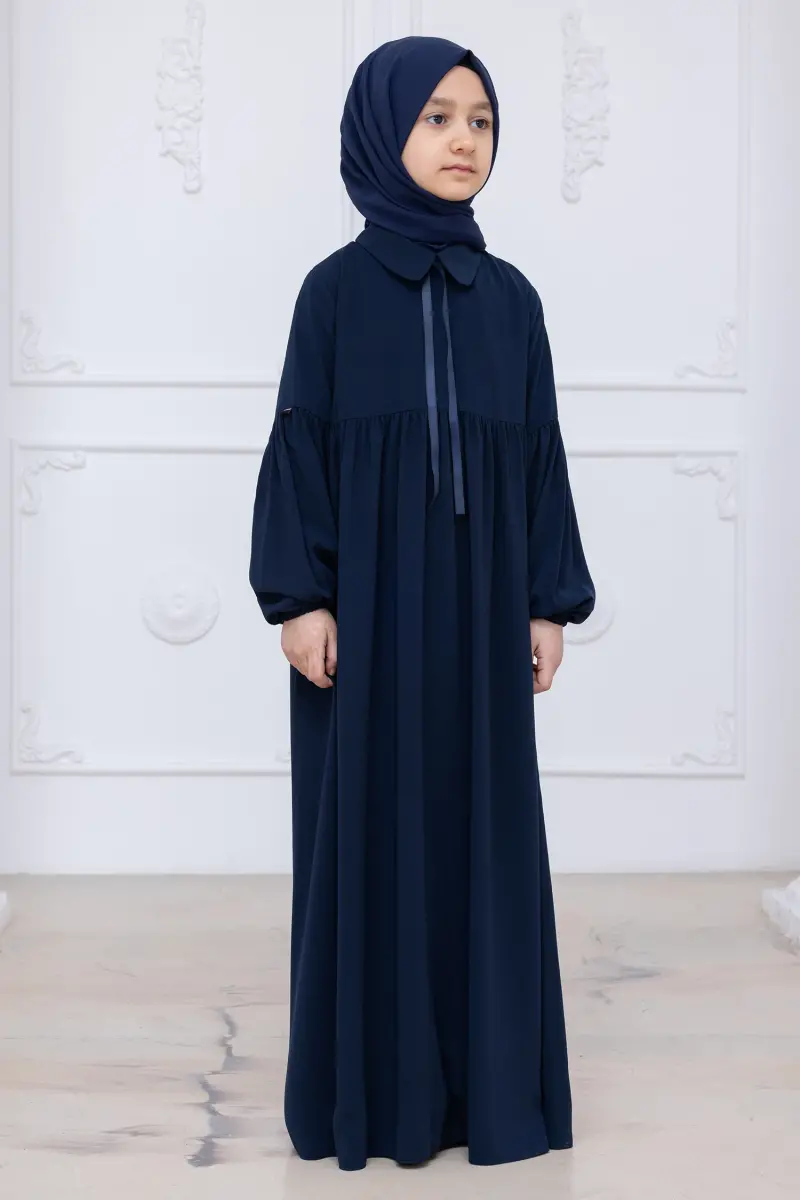 Kız Çocuk Pamuklu Tam Boy Tesettür Elbise Bebe Yaka Bağcıklı Kolu Lastikli - Lacivert - 4