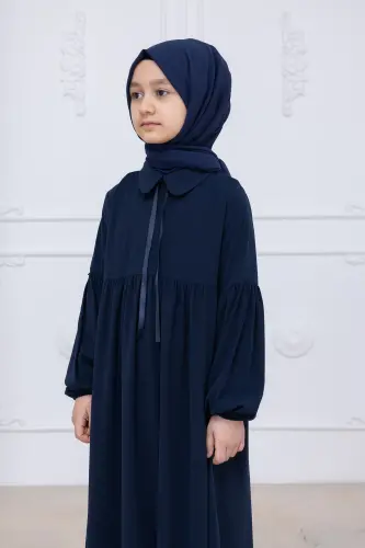 Kız Çocuk Pamuklu Tam Boy Tesettür Elbise Bebe Yaka Bağcıklı Kolu Lastikli - Lacivert - 5