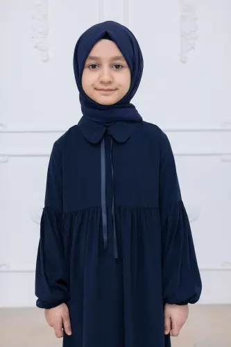 Kız Çocuk Pamuklu Tam Boy Tesettür Elbise Bebe Yaka Bağcıklı Kolu Lastikli - Lacivert - 6