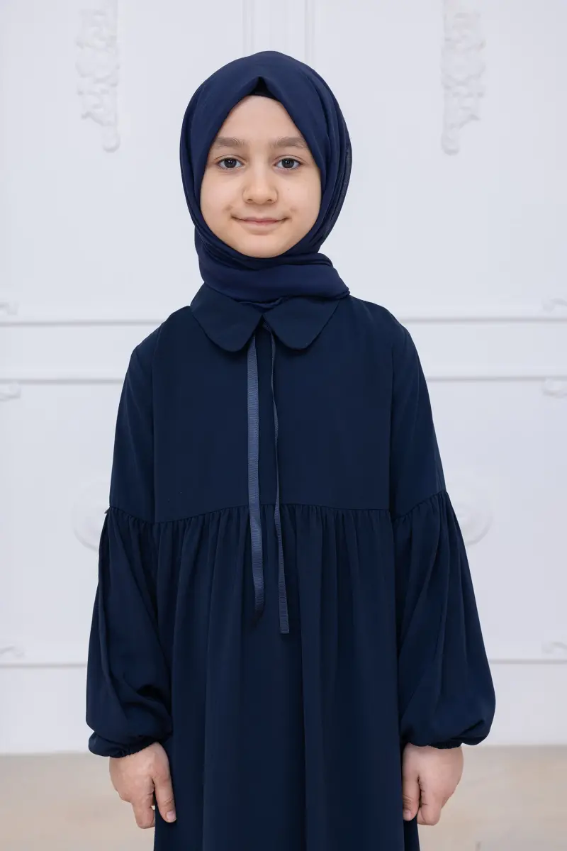 Kız Çocuk Pamuklu Tam Boy Tesettür Elbise Bebe Yaka Bağcıklı Kolu Lastikli - Lacivert - 6
