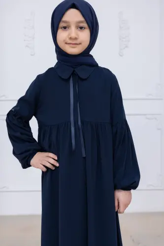 Kız Çocuk Pamuklu Tam Boy Tesettür Elbise Bebe Yaka Bağcıklı Kolu Lastikli - Lacivert - 7