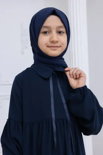 Kız Çocuk Pamuklu Tam Boy Tesettür Elbise Bebe Yaka Bağcıklı Kolu Lastikli - Lacivert - 9