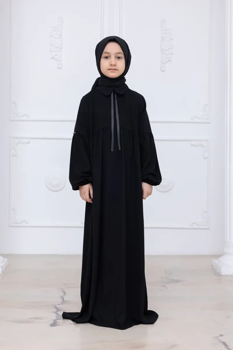 Kız Çocuk Pamuklu Tam Boy Tesettür Elbise Bebe Yaka Bağcıklı Kolu Lastikli - Siyah - 1