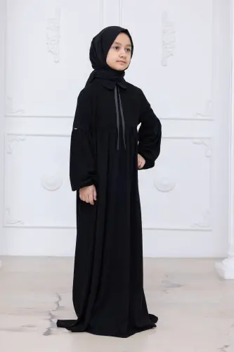 Kız Çocuk Pamuklu Tam Boy Tesettür Elbise Bebe Yaka Bağcıklı Kolu Lastikli - Siyah - 2