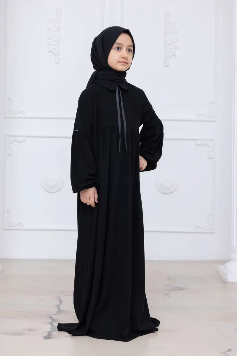 Kız Çocuk Pamuklu Tam Boy Tesettür Elbise Bebe Yaka Bağcıklı Kolu Lastikli - Siyah - 2