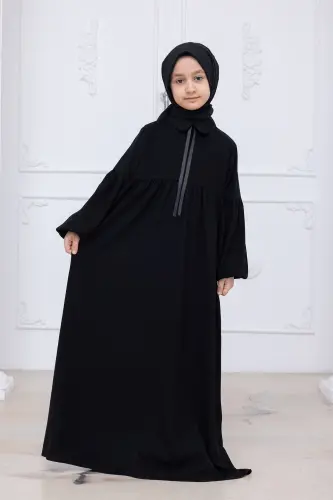 Kız Çocuk Pamuklu Tam Boy Tesettür Elbise Bebe Yaka Bağcıklı Kolu Lastikli - Siyah - 4