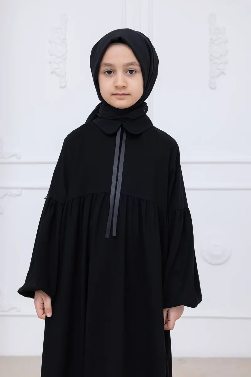 Kız Çocuk Pamuklu Tam Boy Tesettür Elbise Bebe Yaka Bağcıklı Kolu Lastikli - Siyah - 5
