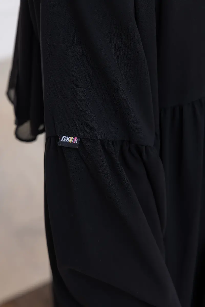 Kız Çocuk Pamuklu Tam Boy Tesettür Elbise Bebe Yaka Bağcıklı Kolu Lastikli - Siyah - 9