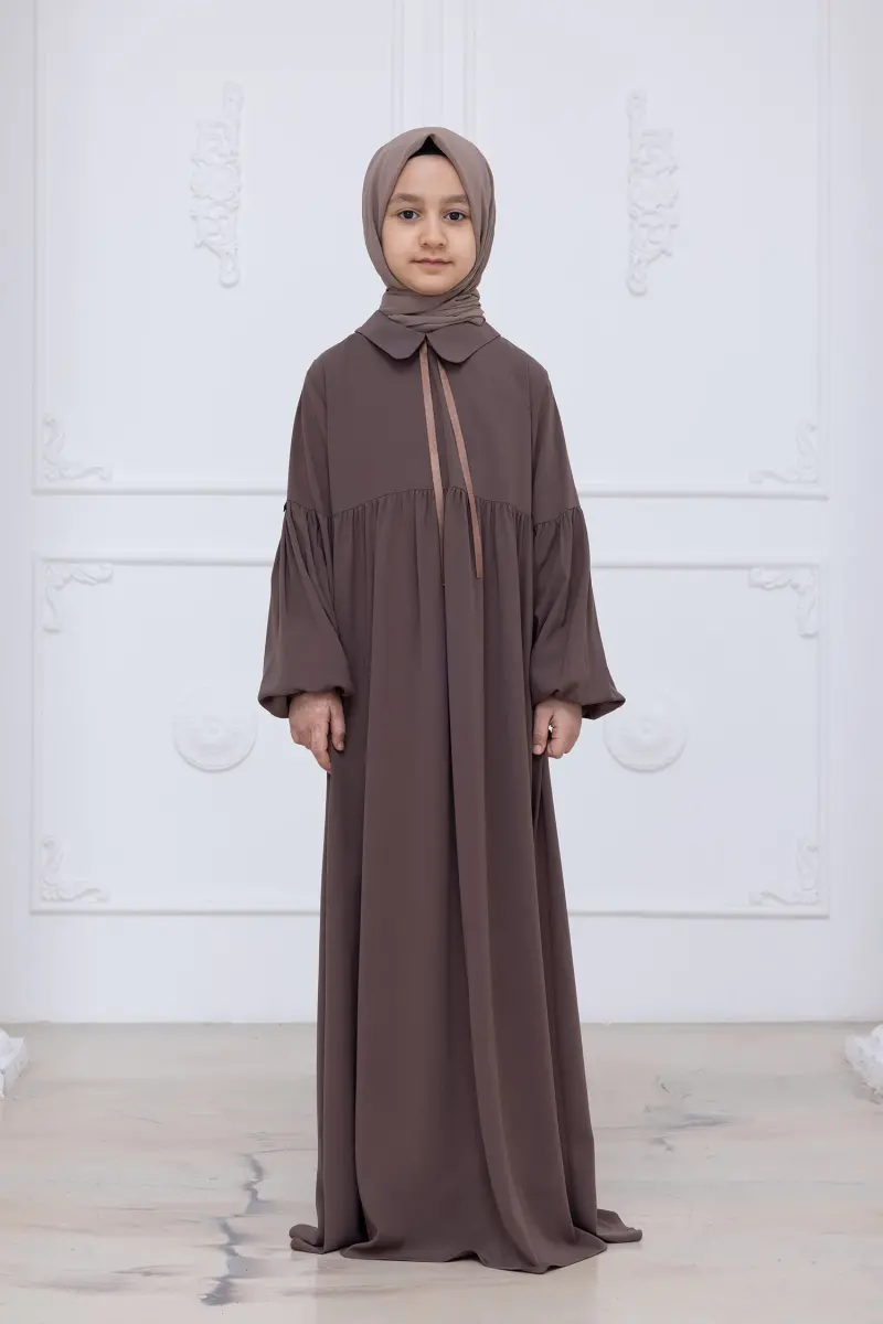 Kız Çocuk Pamuklu Tam Boy Tesettür Elbise Bebe Yaka Bağcıklı Kolu Lastikli - Vizon - 1