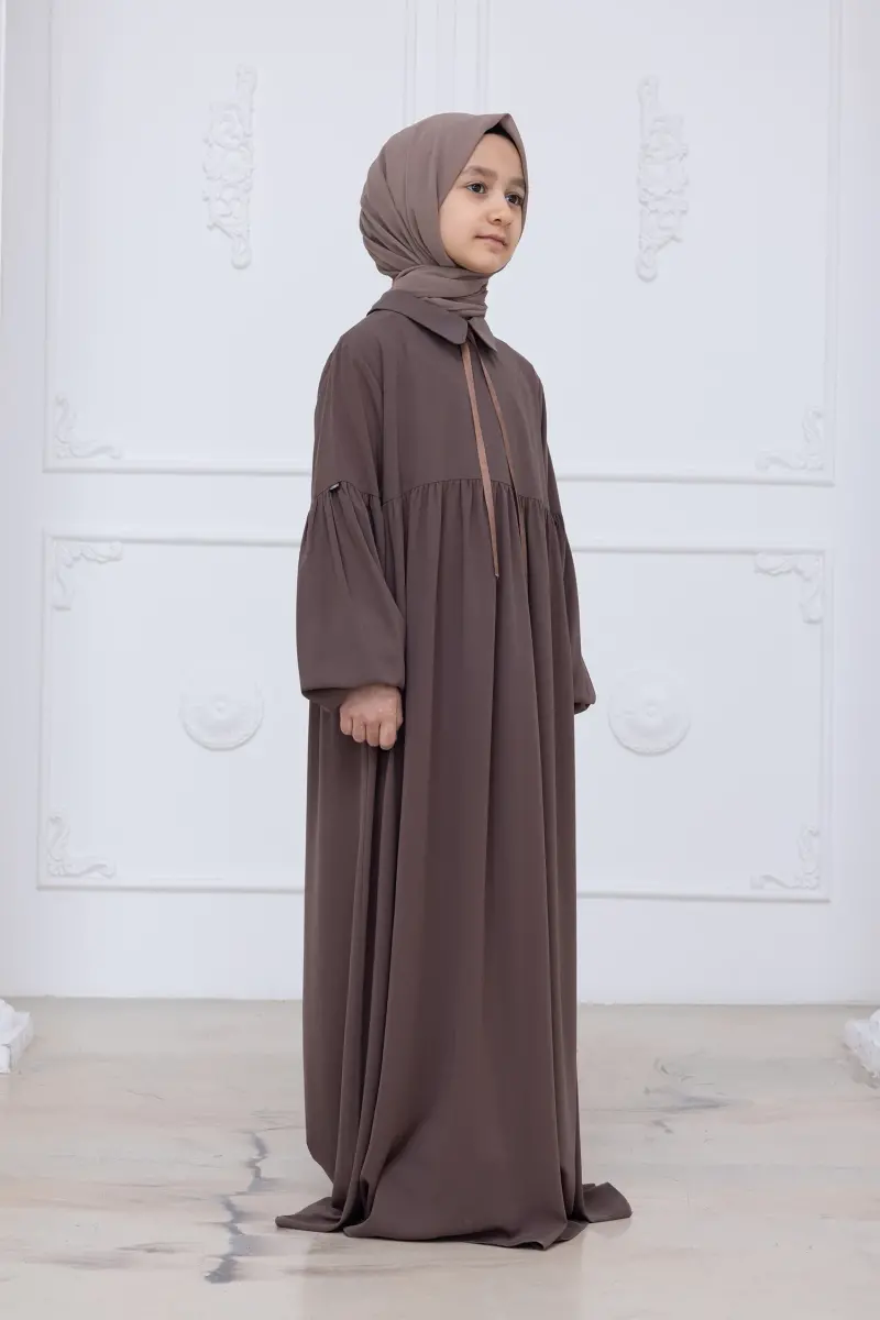 Kız Çocuk Pamuklu Tam Boy Tesettür Elbise Bebe Yaka Bağcıklı Kolu Lastikli - Vizon - 4