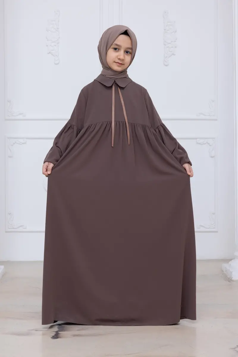 Kız Çocuk Pamuklu Tam Boy Tesettür Elbise Bebe Yaka Bağcıklı Kolu Lastikli - Vizon - 5