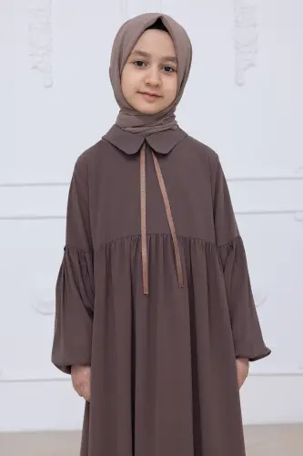 Kız Çocuk Pamuklu Tam Boy Tesettür Elbise Bebe Yaka Bağcıklı Kolu Lastikli - Vizon - 6