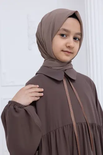 Kız Çocuk Pamuklu Tam Boy Tesettür Elbise Bebe Yaka Bağcıklı Kolu Lastikli - Vizon - 8