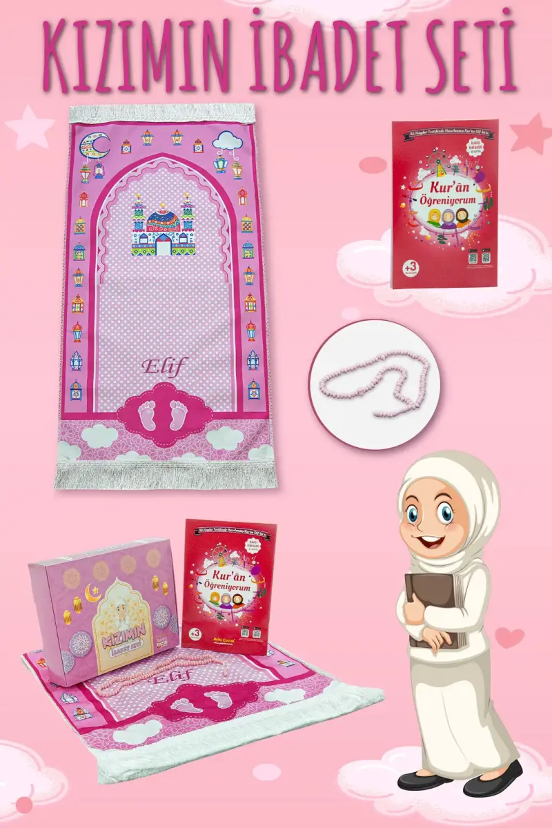 Kızımın İbadet Seti Kız Çocuk İsimli Seccade, Kuran Öğreniyorum Elifba Kitabı Seti Pembe - 1