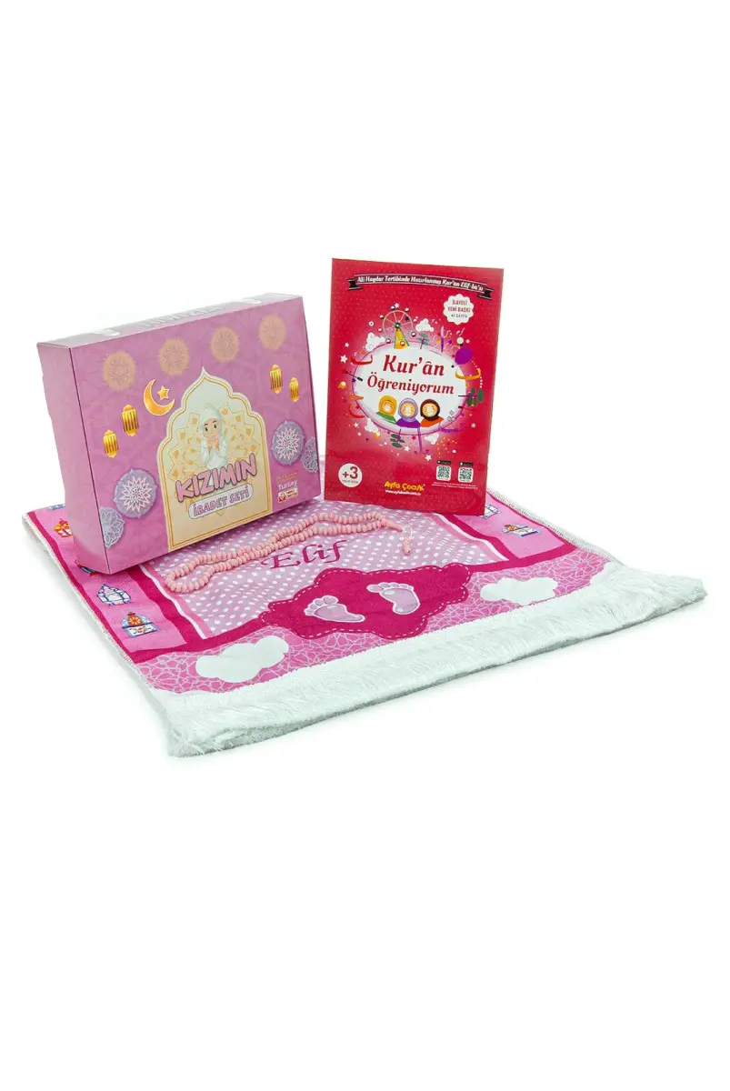 Kızımın İbadet Seti Kız Çocuk İsimli Seccade, Kuran Öğreniyorum Elifba Kitabı Seti Pembe - 2
