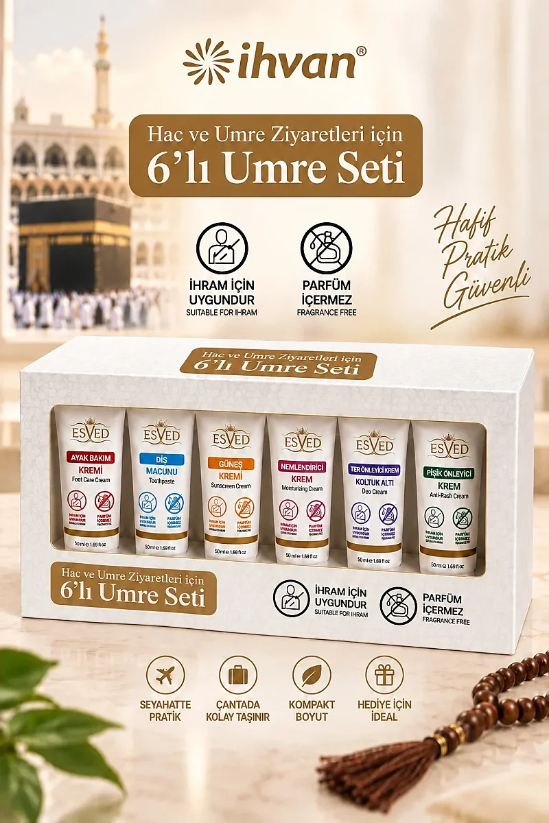 6 lı Umre Seti Kokusuz ve Alkolsüz Hac ve Umre İhram Bakım Seti 50ml - 1