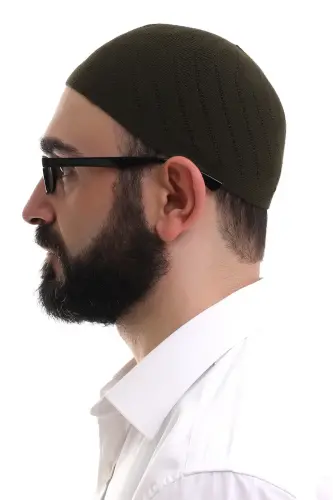 Koyu Haki Kışlık Çapraz Desenli Dokuma Takke - 2