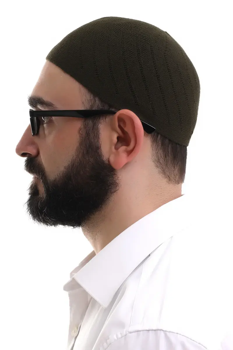 Koyu Haki Kışlık Çapraz Desenli Dokuma Takke - 2
