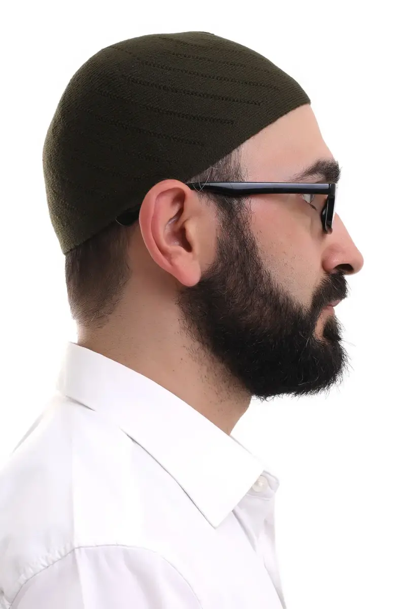 Koyu Haki Kışlık Çapraz Desenli Dokuma Takke - 3
