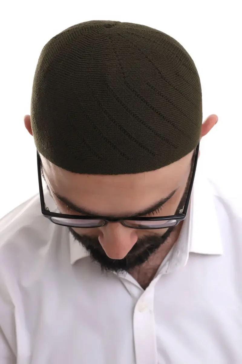 Koyu Haki Kışlık Çapraz Desenli Dokuma Takke - 4