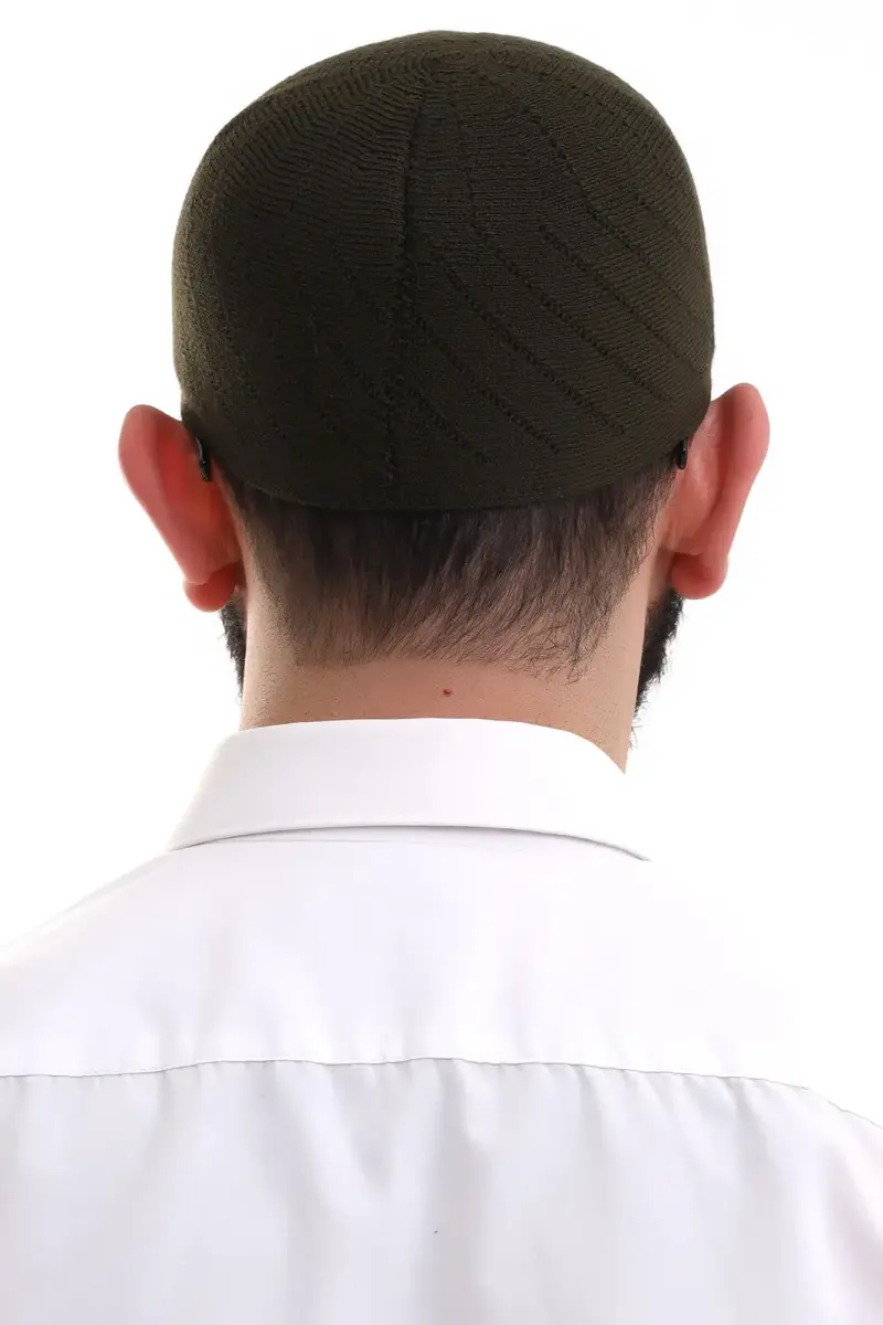 Koyu Haki Kışlık Çapraz Desenli Dokuma Takke - 5