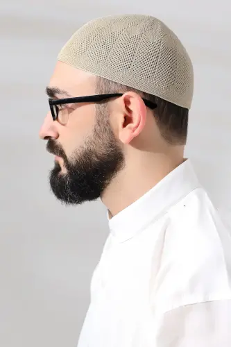 Koyu Krem Safir Dantel Detaylı Örme Namaz Takkesi - 3