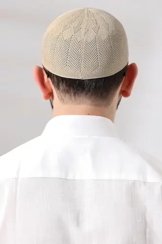 Koyu Krem Safir Dantel Detaylı Örme Namaz Takkesi - 6