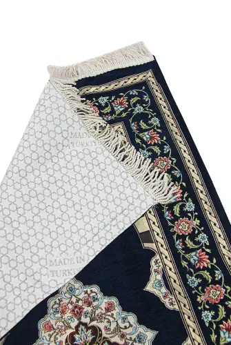 Koyu Lacivert Çiçek Motifli Mihraplı Astarlı Şönil Seccade - ihvanonline (1)