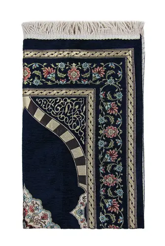 Koyu Lacivert Çiçek Motifli Mihraplı Astarlı Şönil Seccade - 3