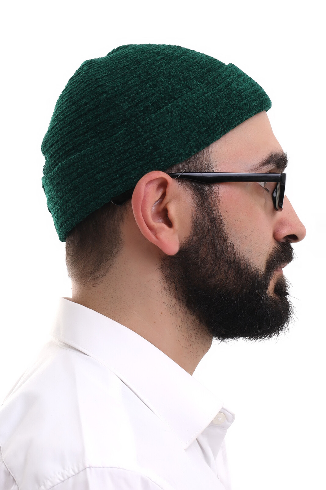 Yeşil Katlamalı Sade Desen Kışlık Kadife Takke Şapka - Thumbnail