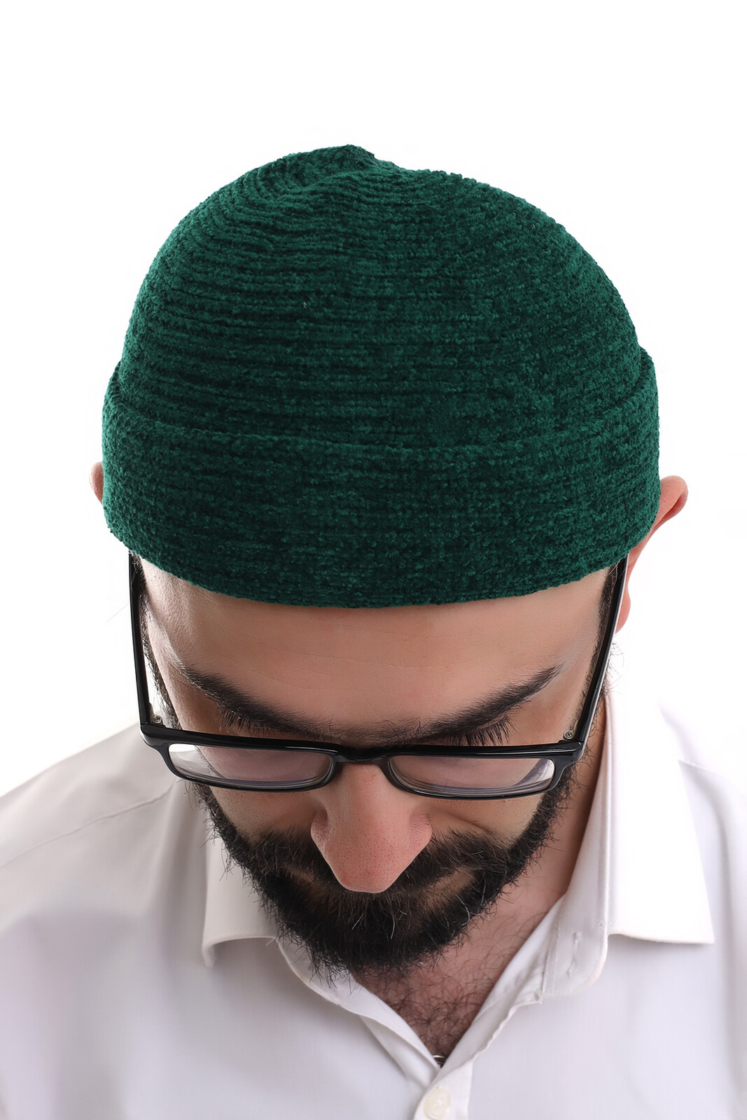 Yeşil Katlamalı Sade Desen Kışlık Kadife Takke Şapka - Thumbnail