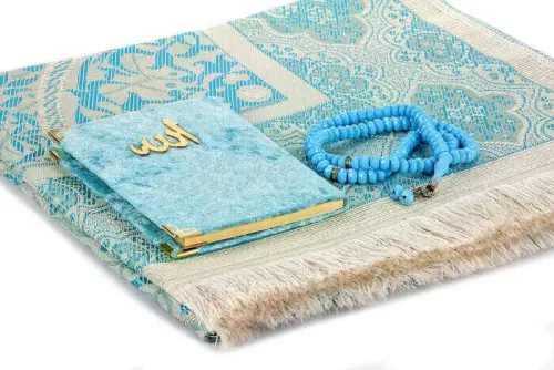 Kraft Boxed Prayer Rug Set - Velvet Covered Yasin - Prayer Rug - Rosary - Blue Color - 3