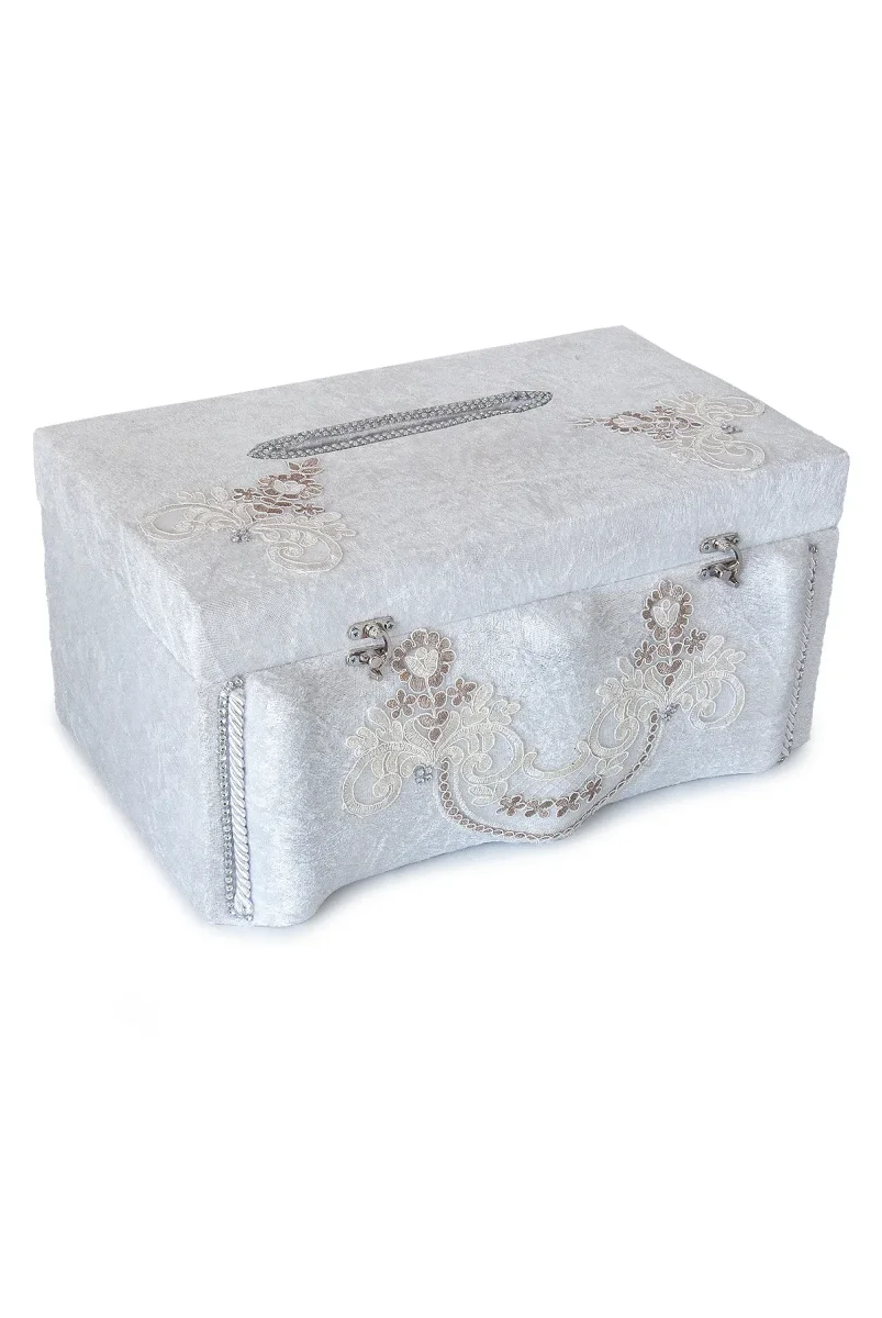 Krem Çiçek Detaylı Kadife Takı Sandığı - 3