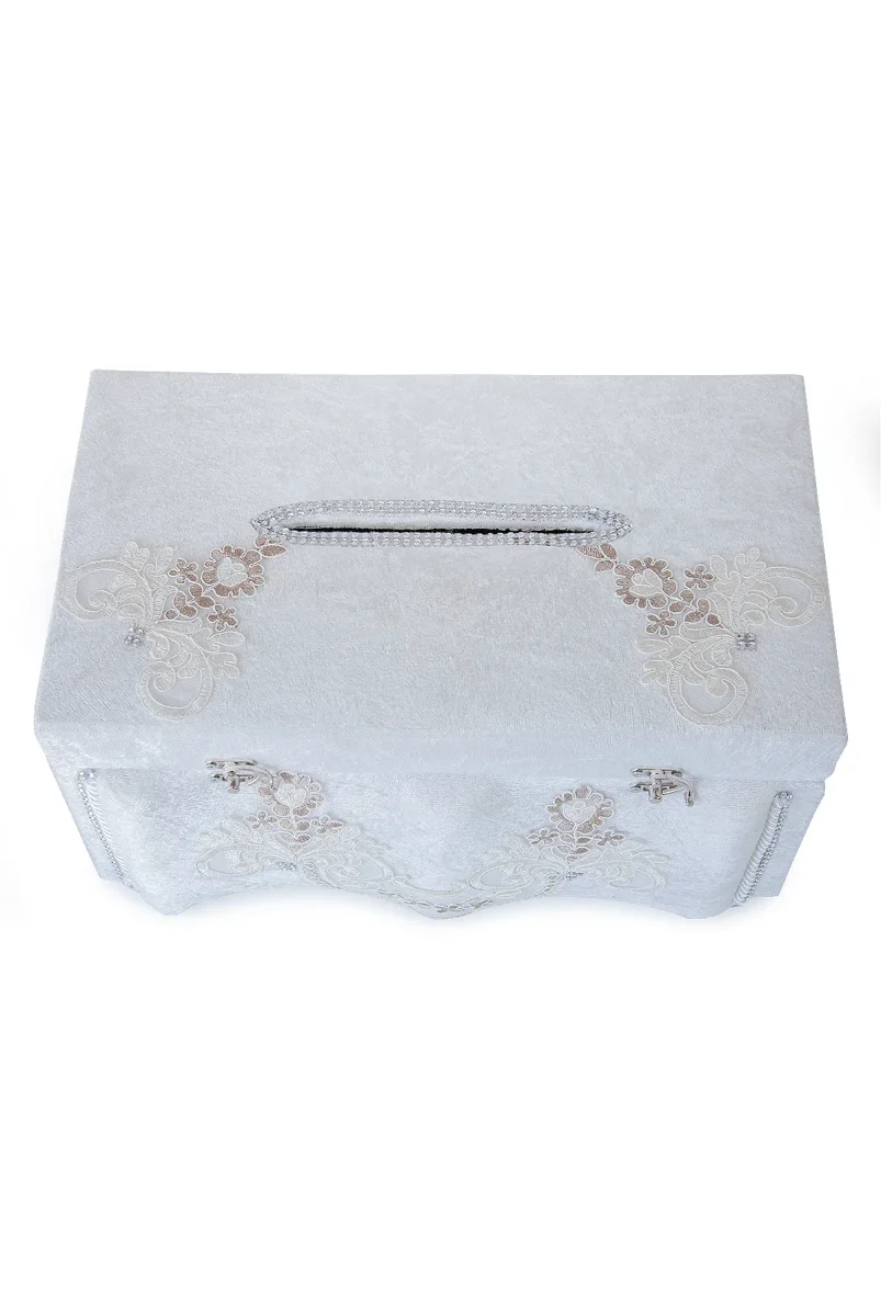 Krem Çiçek Detaylı Kadife Takı Sandığı - 6