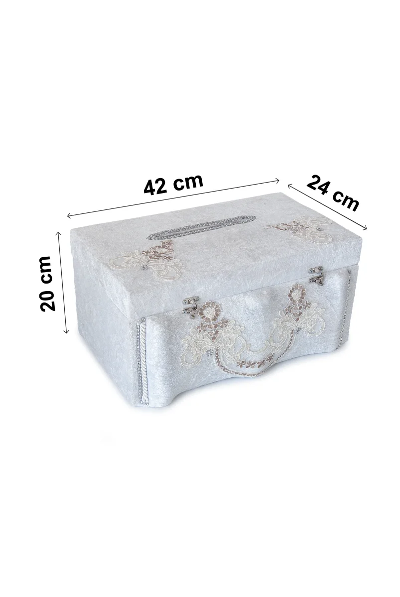 Krem Çiçek Detaylı Kadife Takı Sandığı - 7