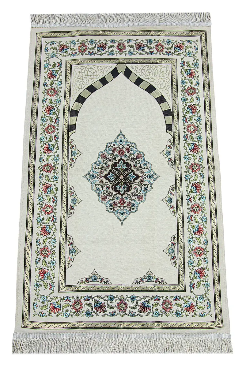 Krem Çiçek Motifli Mihraplı Astarlı Şönil Seccade - 1