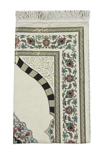 Krem Çiçek Motifli Mihraplı Astarlı Şönil Seccade - 3
