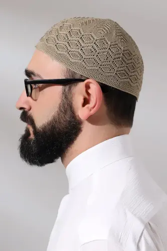 Kubbetül Hadra Platinum Series Lace Detailed Knitted Prayer Skull Brown - ihvanonline (1)