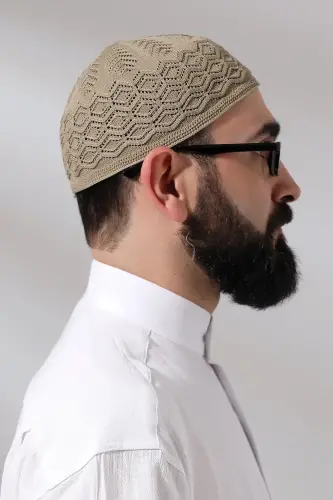 Kubbetül Hadra Platinum Series Lace Detailed Knitted Prayer Skull Brown - 4