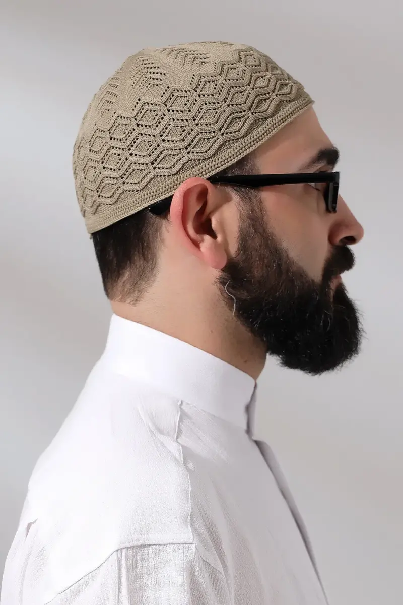 Kubbetül Hadra Platinum Series Lace Detailed Knitted Prayer Skull Brown - 4