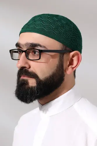 Kubbetül Hadra Platinum Series Lace Detailed Knitted Prayer Skull Green - 1