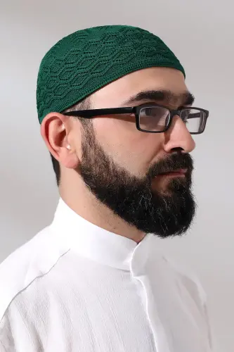 Kubbetül Hadra Platinum Series Lace Detailed Knitted Prayer Skull Green - 3