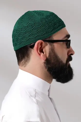 Kubbetül Hadra Platinum Series Lace Detailed Knitted Prayer Skull Green - 4