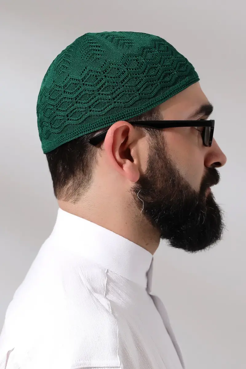 Kubbetül Hadra Platinum Series Lace Detailed Knitted Prayer Skull Green - 4