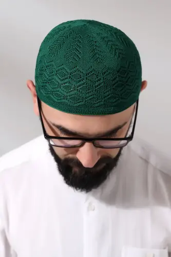 Kubbetül Hadra Platinum Series Lace Detailed Knitted Prayer Skull Green - 6