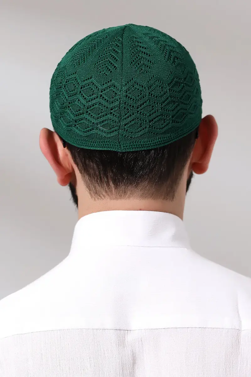 Kubbetül Hadra Platinum Series Lace Detailed Knitted Prayer Skull Green - 7