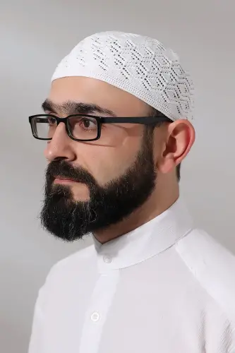 Kubbetul Hadra Platinum Series Lace Detailed Knitted Prayer Skull White - 1